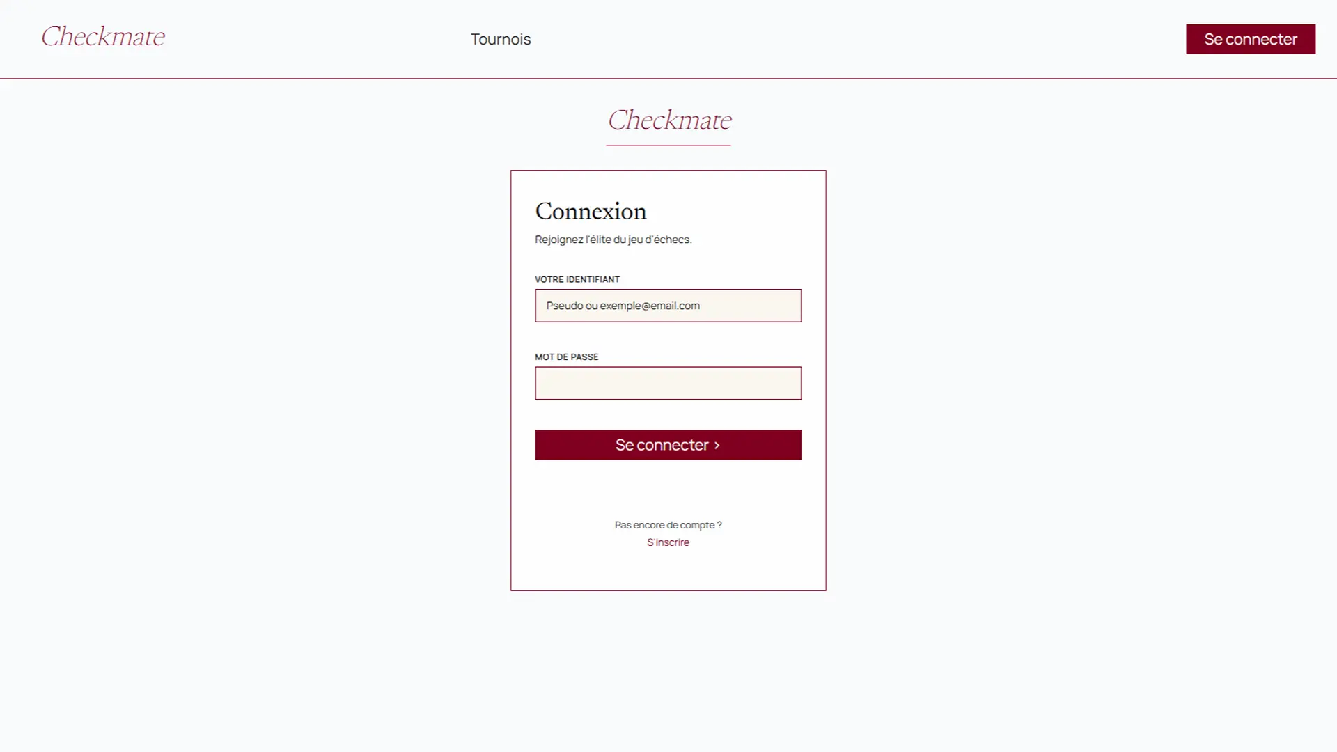 Écran de connexion de l'application Checkmate