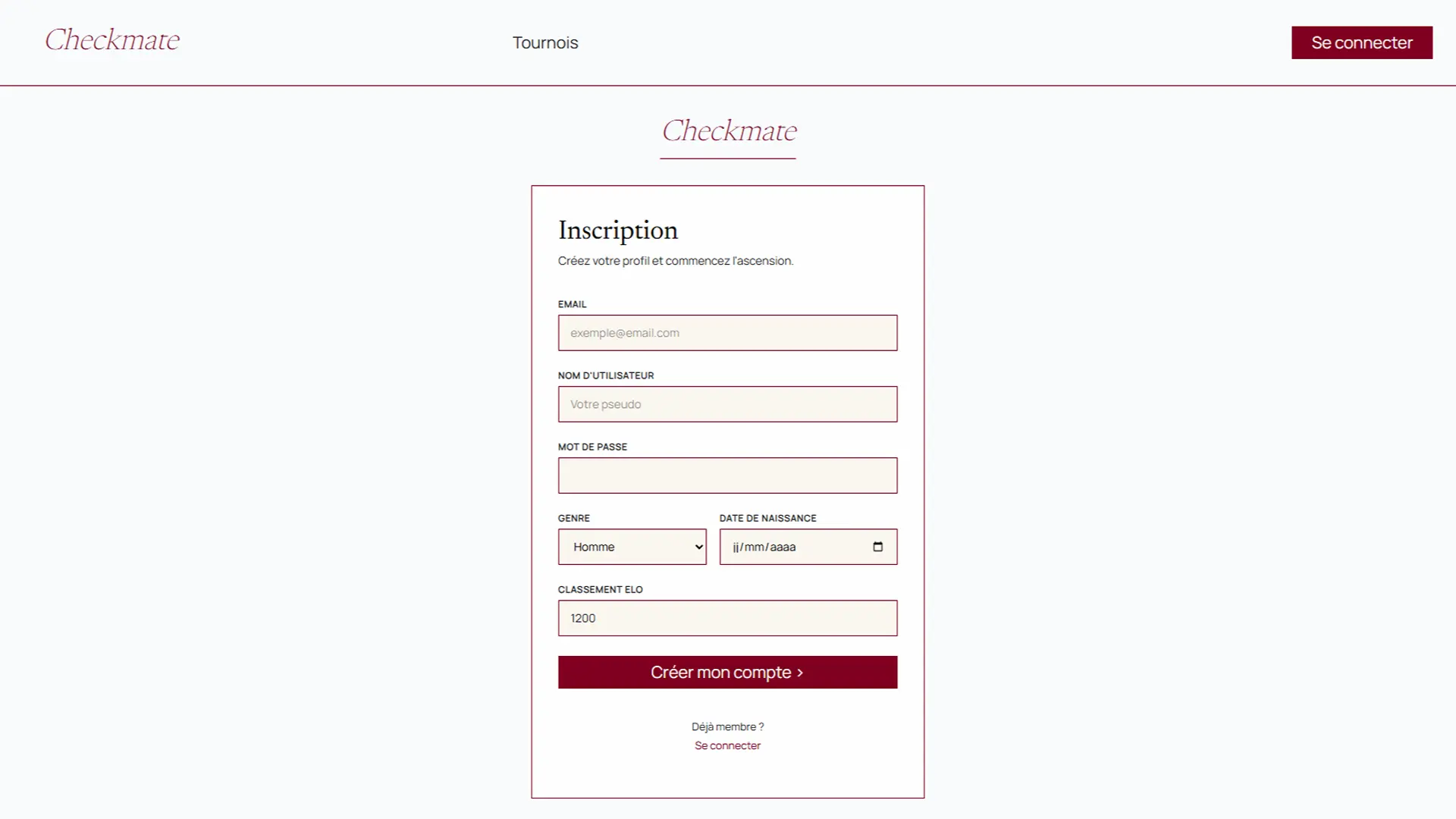 Écran d'inscription de l'application Checkmate