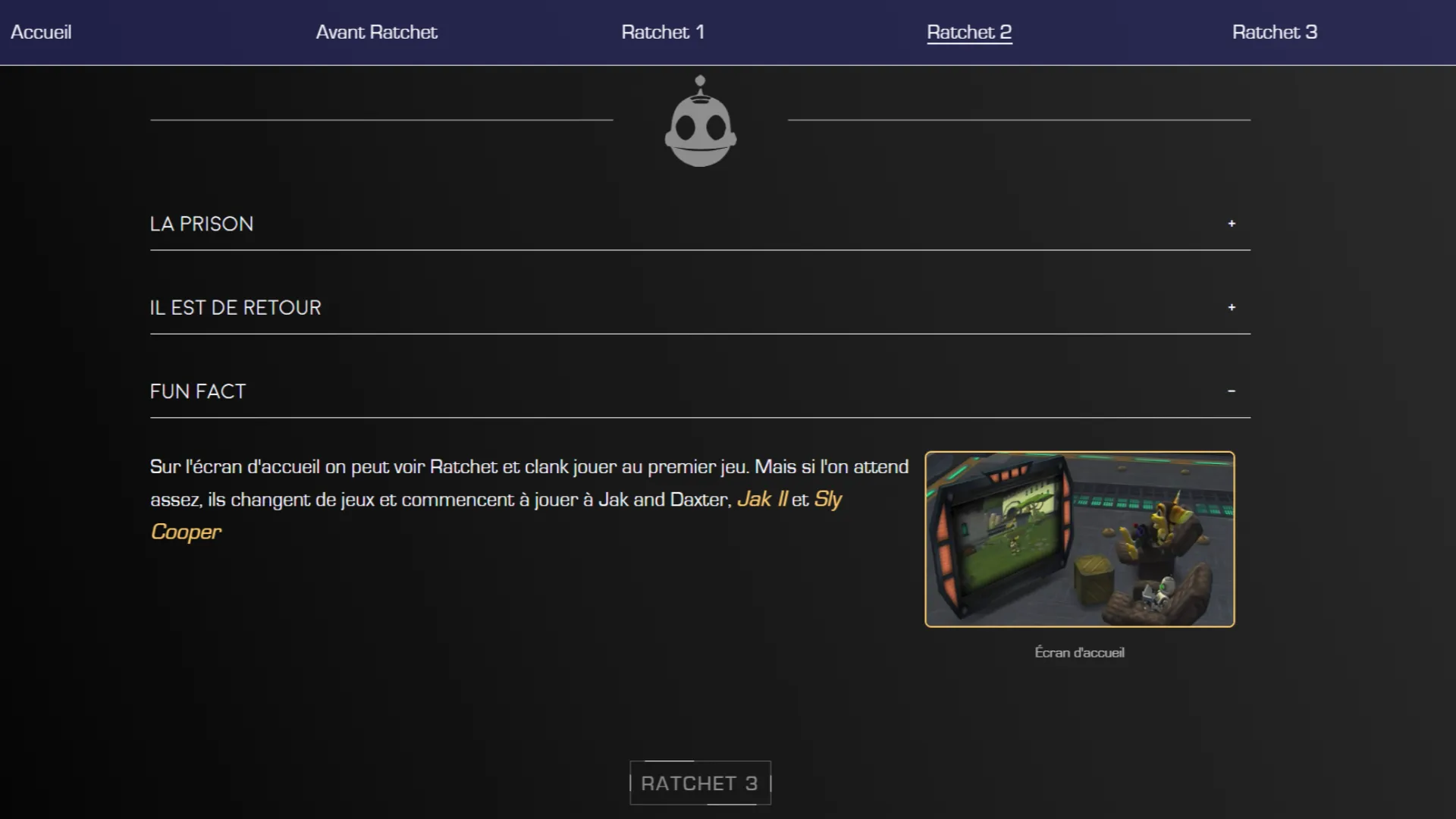 Fin de la page du contenu montrant un menu accordéon et le fun fact du jeux ratchet 2