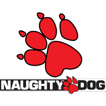 logo naughty dog, pate de chien rouge avec écris naughty dog en dessous