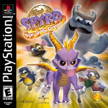 jacket ps1 avec un petit dragon mauve et des libstres derrière lui