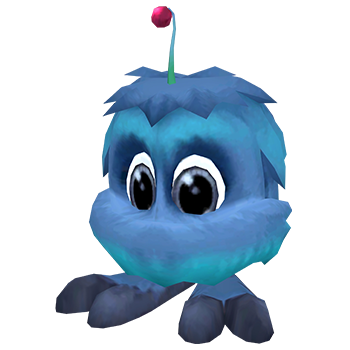 petite boule de poil bleue avec deux pattes et une antenne rouge sur la tête