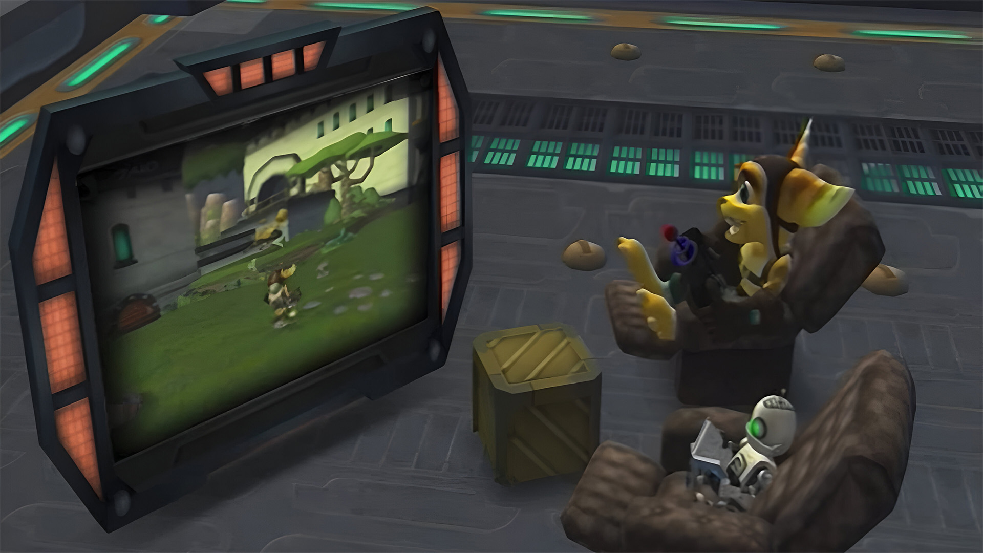 Ratchet et clank dans un fauteuil jouant au premier jeux ratchet et clank