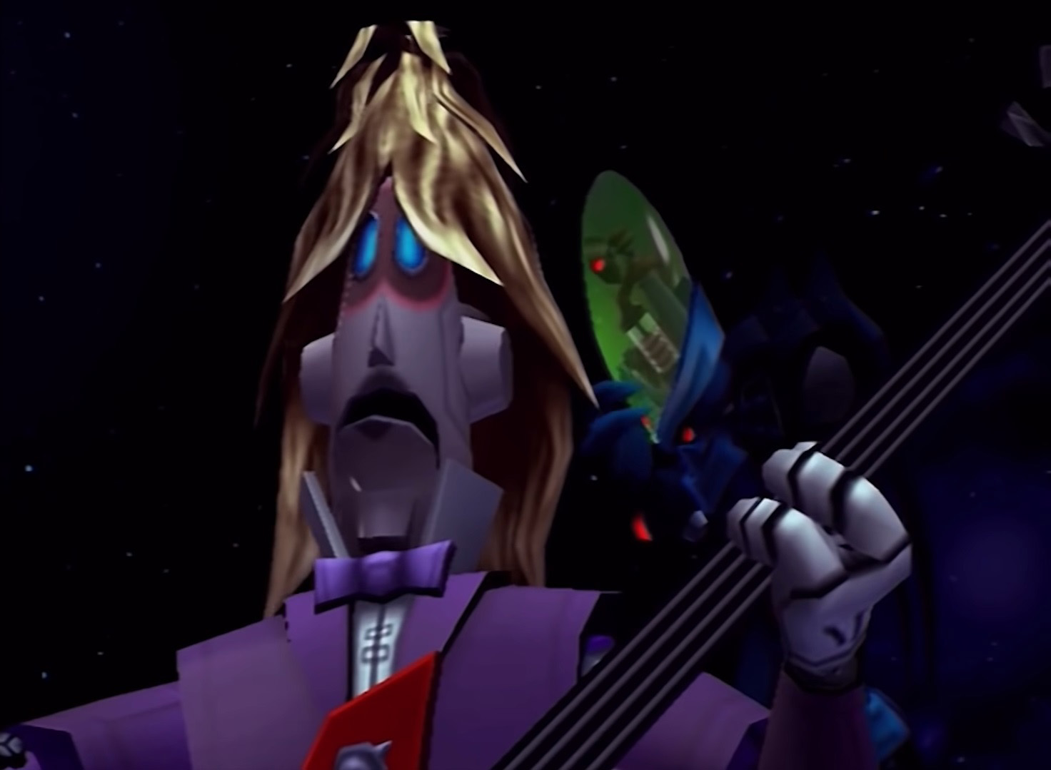 Lawrence tenue major d'homme avec une perruque qui fait de la guitare et nefarious qui est dépité derrière