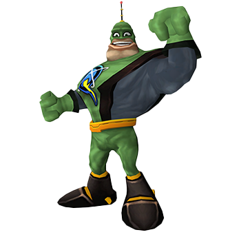 Qwark avec une tenue en latex verte qui lui colle à la peau et un gros menton il a aussi une antenne sur la tête