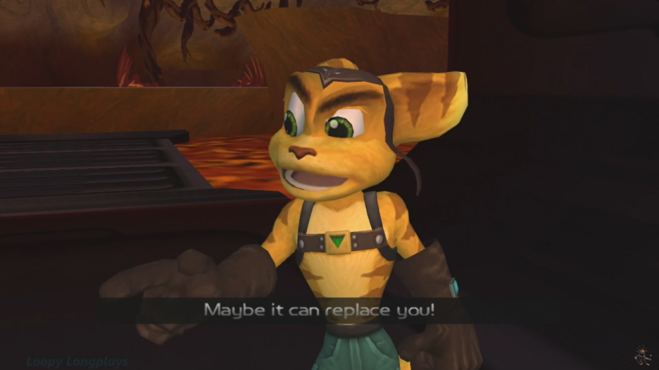 Ratchet qui s'énerve envers clank le pointe du doigt et lui dit que l'inforobot sera peut être plus utile que lui